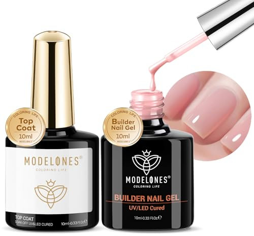 MODELONES Builder mit Top Coat UV, 8 in One Aufbaugel für Nägel, Nagelverstärker, Extension Base, Nagellack für Nail Art Maniküre Nageldesign Rosa