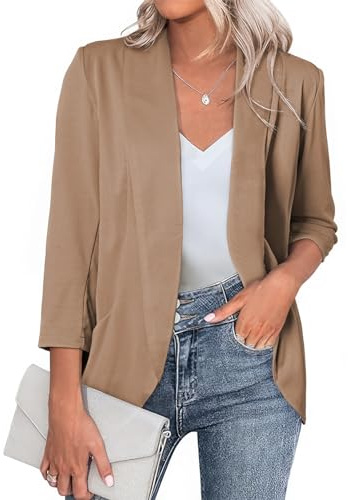 Happy Sailed Women's Casual Blazer Open Front 3/4 Sleeve Lightweight Knit Work Office Blazers Jacket Fashion Fall Summer Khaki X-Large