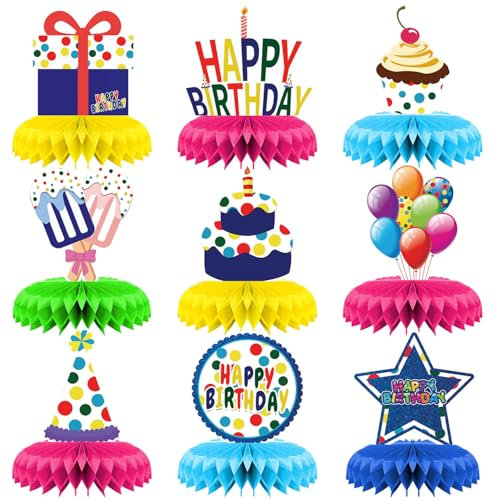 Acidea Colorful Birthday Table Decorations, 9 Pcs Rainbow Happy Birthday Table Centrepiece, Birthday Table Honeycomb Ball Decor for Boys Girls Baby Shower Birthday Party Supplies