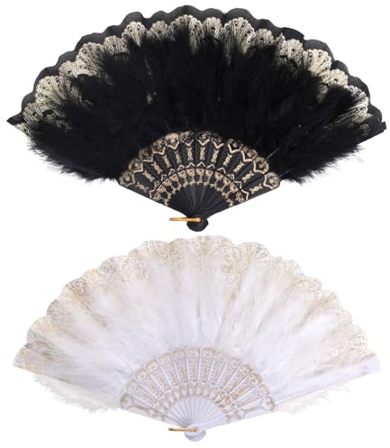 Lufdegim 2 Stück Damen Fächer Feder, 1920s Vintage Style Faltbarer Handfächer Federfächer, Handfächer Damen Gatsby für Halloween Hochzeit Party Teeparty Tanz Kostüm Schwarz Weiß