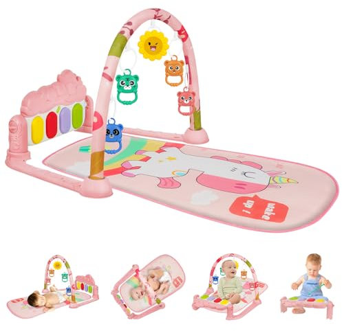 AOMIG Baby Play Mat, Baby Piano Gym with Music and Lights, Play Mat with Detachable Activity Toys, Early Development Activity Baby Play Mat Toy Gift for Babies