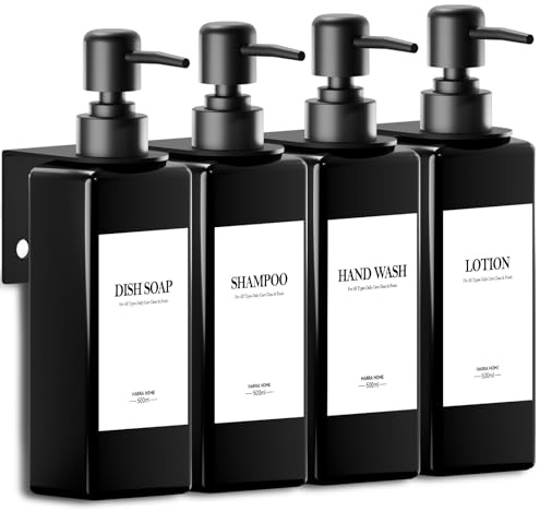4 Piezas Dispensador Jabon Pared Sin Taladrar, 500ml Negro Gel y Champu Ducha con 4 Soportes y Etiquetas Tridimensionales Estancas para Cocina y Baño