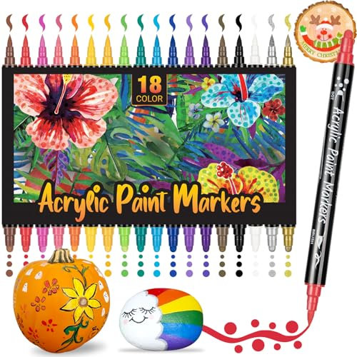 AOSUCO Acrylstifte für Steine Wasserfest: 18 Dual Tip Steine zum Bemalen Acrylstift Wasserfest, Acrylstifte für Holz, Glas, Kunststoff, Muscheln, Holzanhänger Weihnachten, Kinder Acrylic Paint Marker