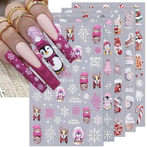 JMEOWIO Nagelsticker Weihnachten 6 Blatt Nail Art Sticker Selbstklebend Nagelaufkleber Schneeflocke Winterurlaub Süß Dekoration Nageldesign Zubehör