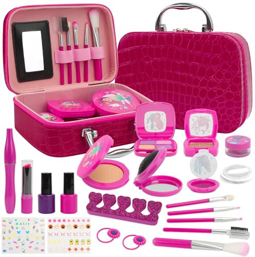 Kinderschminke Set Schminkkoffer Mädchen, Kinder Make Up Set Mädchen Spielzeug, Kinder Rollenspiel Schminke Spielzeug, Geburtstag Weihnachts Geschenke für Mädchen 4 5 6 7 8 9 10 Jahre(Rosenrot)