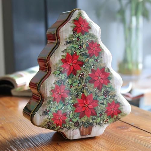 Scatola di latta natalizia per biscotti di Natale, contenitore vintage in latta per snack, biscotti, caramelle, forniture per feste di Natale, a forma di albero di Natale con coperchio (2)
