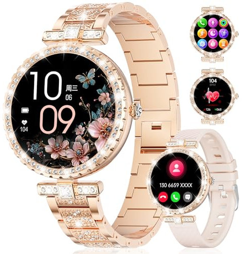 ESFOE Montre Connectée Femme Ronde,1,19 AMOLED Smartwatch Femme avec Appel Bluetooth, Fonction Féminine IP68 120+ Modes Sportifs Podometre Fitness Tracker, Diamond Montre Connectée Android iOS