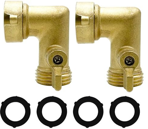 FECOVANTI 90 Degree Brass Garden Hose Elbow Connector with Shut Off Valves-3/4 GHT Garden Hose RV Adapter, Includes 2 Pressure Washers (2 Set)