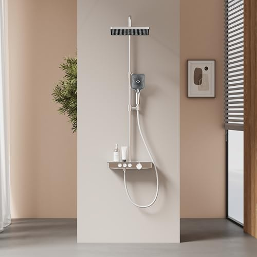 EMKE Colonne de douche thermostatique, 1127 x 460 x 360 mm, douche de pluie, douche à main 3 fonctions, hauteur réglable 812-1142 mm, chromé, corps en cuivre et panneau de verre, design moderne