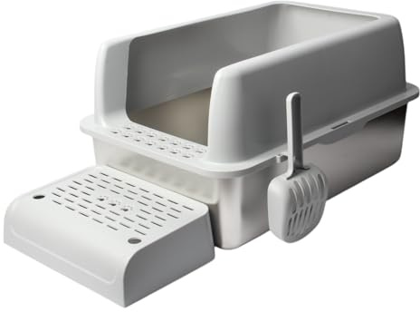 JOLIE MAX Stainless Steel Cat Litter Tray – Extra Large, High-Sided, Leak-Proof & Non-Stick (60 x 40 x 30 cm) – Durable Metal Litter Box with Lid, Scoop & Mats (GREY)