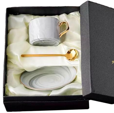 Taza de café y platillo de cerámica creativa, taza de té de la tarde personalizada para el hogar, taza y platillo dorados grises (sin caja)