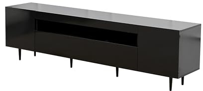 MMT Black TV Stand Cabinet on Legs with Lights Matt Gloss Console for 90 inch TV's, Wood, 200cm wide, Soundbar Shelf (Tall 51.5cm)