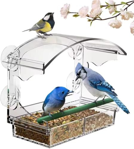 Window Bird Feeder with powerful suction cups Bird Feeders for Small Birds with Detachable Seed Tray for Bird Watching Squirrel-proof feeder box for birds