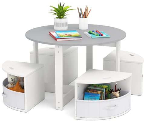 DREAMADE Kindertisch mit 4 Stühlen, Kindersitzgruppe mit 4 Hockern & 4 Stoffboxen, Kinder Tisch Stuhl Set, Kinder Maltisch Aktivitätstisch Set Kindermöbel für Kinderzimmer, Spielzimmer (Grau)