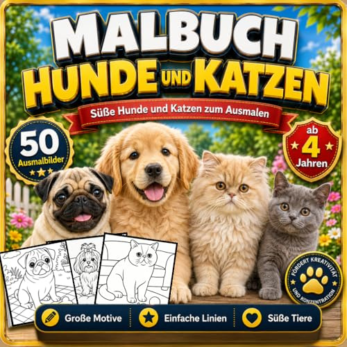Malbuch Hunde und Katzen für Kinder ab 4 Jahren – 50 realistische Motive zum Ausmalen | Tiermalbuch mit dicken Linien | Pädagogisch wertvoll & ideal ... Hunde- und Katzenbilder zum Ausmalen