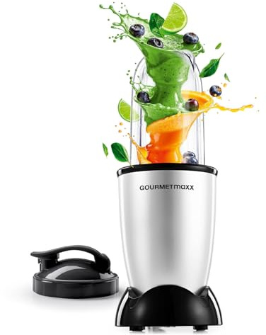 GOURMETmaxx Mr Magic Mixer 4-Dlg. | 400 W Powerbase korskniv, 500 ml kopp och to-go lock | smoothie-maskin och mixer, för shakes, dips, såser, lätt att rengöra, silver/svart