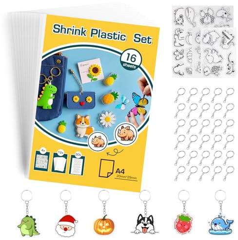 SZEBISOA 46 Teile Schrumpffolie Set Schlüsselanhänger (12 schrumpffolie a4, 2 A4 und 2 A5 Bögen Schrumpffolie mit Motiven, 30 Schlüsselringe) Shrink Plastic Bastelset für kreative Projekte.
