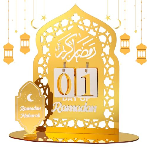 DPKOW Decoration Calendrier Ramadan 2026 en Acrylique Doré, Doré 30 Jours Jusqu'à l'Aïd Calendrier de l'avent Ramadan 2026 Decoration de Table de Mosquée DIY, Fournitures Pour le Compte à Rebours