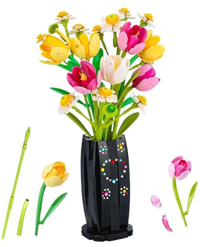 RNPKZ Lot de 1250 blocs de construction de tulipes avec vase - Blocs de construction - Blocs de construction - Fleurs artificielles - Cadeau pour petite amie, petite amie, fille (A)