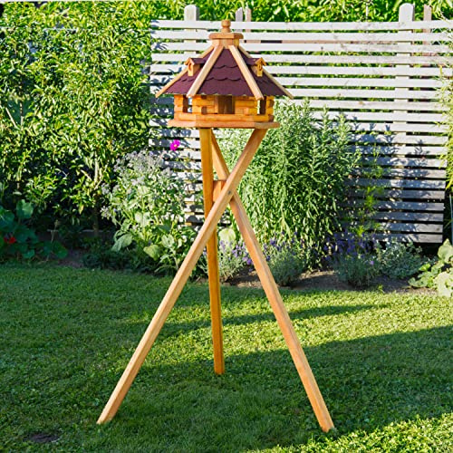 Vogelhaus von klein bis Riesig XXL Futterhaus Futterhäuschen Vogelvilla V18, Vogelfutterhaus aus Holz mit Solarbeleuchtung beleuchtet (Rot, klein mit Ständer), mit Futtersilo, Silo