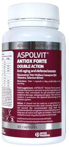 INTERPHARMA SA Aspolvit Antiox Forte 60 Cápsulas – Suplemento Antioxidante con Resveratrol, Coenzima Q10, Hierro, Selenio y Vitaminas – Antienvejecimiento y Vitalidad