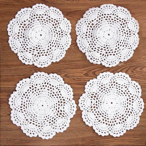 EiYYA Handmade Cotton Crochet Doilies Lace Table Placemats Coasters, 8inch/20cm 4-Piece (White)