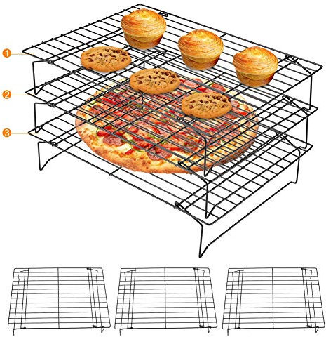 lyrlody Griglia a 3 Livelli con Rivestiemento Antiaderente, Rack di Raffreddamento, Impilabile Griglie di Raffreddamento per Dolci, Teglia da Forno in Acciaio Inox Griglia di Cottura e Raffreddamento
