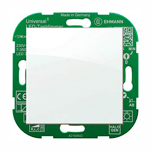 EHMANN LED-Universaldimmer, Unterputz-Tastdimmer, Dimmprinzip frei wählbar, Leistung: LED 3-140 W, 7-350 W/VA, inkl. Halterahmen und Wippe (RAL9010)