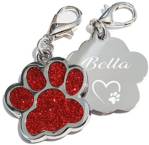 Edelstahl Hundemarke mit Gravur Glitzerpfote Plakette graviert Name Telefonnummer Adressanhänger personalisiert dog tag für Hunde oder Katzen (rot)