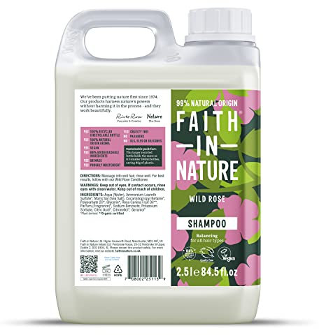 Faith In Nature Natural Wild Rose Shampoo, Nourishing for Normal Hair & Scalp, Vegan & Cruelty Free, No SLS, Silicones or Parabens, 2.5L Refill
