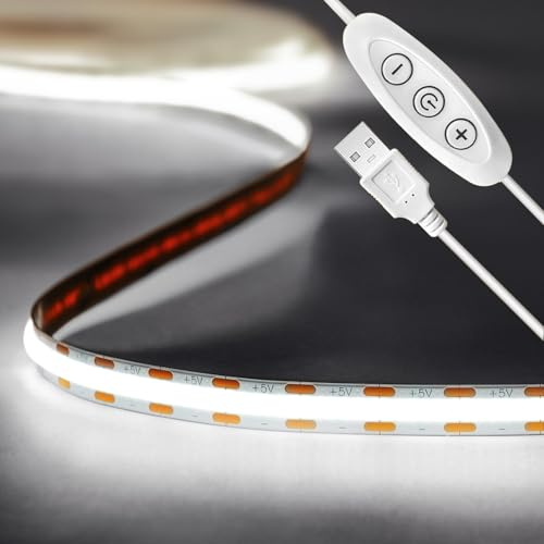 Tayire 2m USB 5V LED Streifen Kaltesweiß 6500K, 960LEDs Dimmbar COB LED Strip Lights CRI90+ LED TV Hintergrundbeleuchtung, Flexibel Unterbodenleuchte für Drinnen Küche,Schlafzimmer,Zuhause DIY