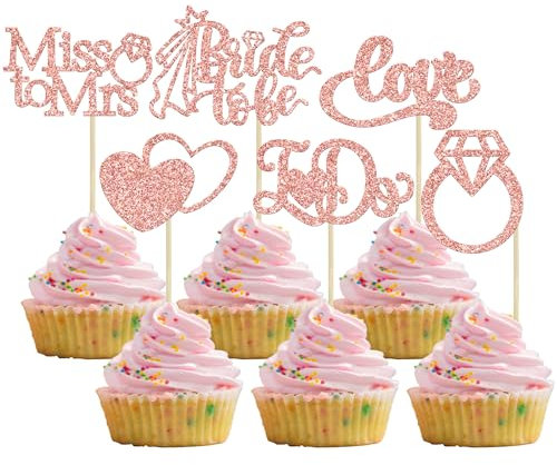 Gyufise 24Pcs Bride to Be Cupcake Toppers Rose Gold Glitter I Do Love Heart Ring Miss To Mrs Cupcake Picks Bridal Shower Cake Decorations for Wedding Engagement Bachelorette Party Supplies