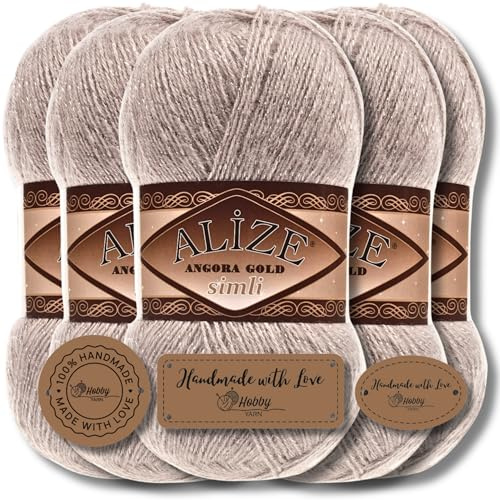 Hobby YARN Alize Angora Gold Simli - Ovillos de lana turca de calidad, 5 x 100 g, de lana virgen con efecto brillante, hilo de tejer a mano