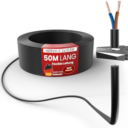 MAS Premium Von 5 bis 100m Kunststoffschlauchleitung H05VV-F 2, 3 oder 5 x0,75; x1; x1,5 oder x2,5 und 4G0,75 Flexible Leitung Kabel Leitung Gerätekabel (H05VV-F 2x1,5 SW, 50m)