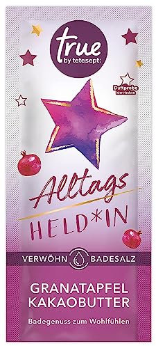 true by tetesept Alltagsheld*in Verwöhn-Badesalz – Veganer Badezusatz duftet nach Granatapfel und Kakaobutter – Wohltuender Badegenuss mit Pflegeformel – 1 x 50 g