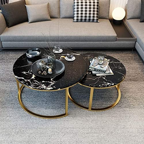 Tables Basses gigognes pour Salons, Tables d'appoint de canapé Aspect marbre, Tables d'appoint Rondes avec Cadre en métal doré, Ensembles de décoration d'intérieur (Lot de 2) (Blanc + Noir ?