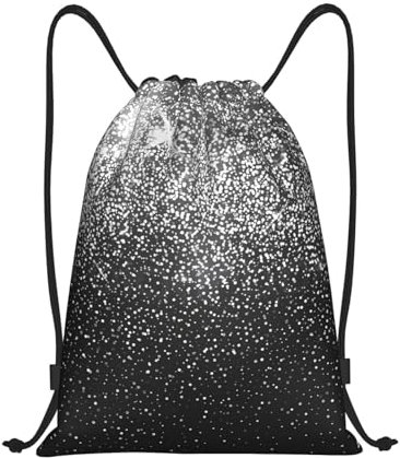 OrcoW Glänzender silberfarbener Glitzer-bedruckter Kordelzug-Beutel, wasserdichter Kordelzug-Rucksack, Sport-, Turnbeutel, für Damen und Herren, Schwarz , S
