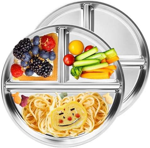 Bakpoco Kinderteller aus Edelstahl, 2 Packungen, 22,9 cm, unterteilte Teller, Portionskontrollplatte für bariatrische Erwachsene, ungiftig, unzerbrechlich, Baby-Abendessen, 304