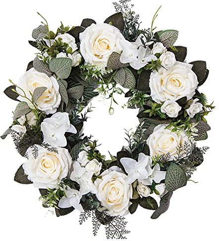 Yusat Künstlicher Blumenkranz, Rosentürkranz, Frühlingskranz, Sommerkränze, Wandbehang, Dekoration Girlande, Bauernhof, Hochzeit, 45 cm (weiß)