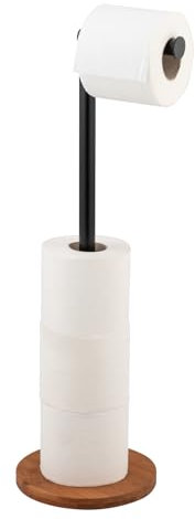 WENKO Support de Papier Toilette sur Pied 2 en 1 Serro, Plaque de Base en Bambou, Rangement pour jusqu'à 4 Rouleaux de Papier Toilette, Noir