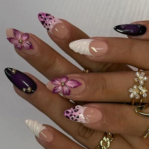 Unghie Finte Corte MouyouGlow,Mandorla Airbrushing Rose Jelly 3D Chrome Papillon Stelle Perla Rhinestones Water Rib Sweet Press on Nails con Colla,Y2K Pink Cute Fake Nails