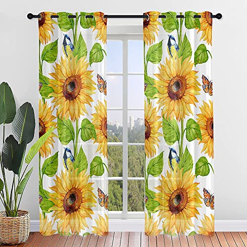 ENEN Vorhänge Wohnzimmer, 2er Set Sonnenblume Gardinen mit Ösen Halbtransparent Gardinen Wohnzimmer Schlaufenschal für Kleine Fenster Küche Wohnzimmer Landhaus (Kuckuck Schmetterling,132x182cm)