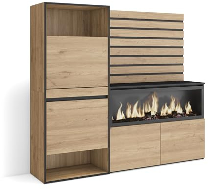 Skraut Home | Sideboard, Kommode | Aufbewahrungsschrank | 167x145x35 cm | Für Schlafzimmer, Zimmer | Elektrokamin XXL | Schuhschrank | Moderner Stil | Eiche