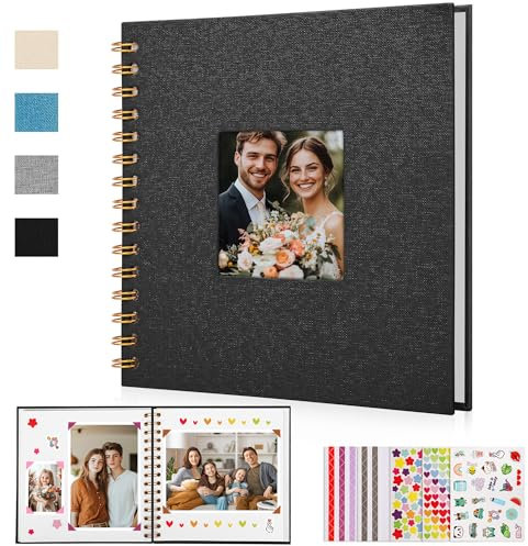 DazSpirit DIY Scrapbook Photo Album, 20.5 x 20.5cm Square Linen Cover Photo Book with Window, 60 Pages/30 Sheets White Blank Page, 5 Stickers, Wedding Guest Book, Family Album, Travel Journal (Black)