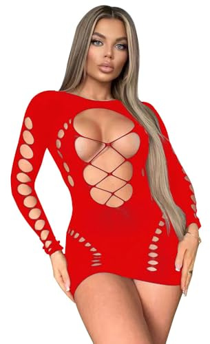 FDEETY Lencería Sexy para Mujer Body Mujer Red de Pesca de Una Pieza Malla Hueca Manga Larga Sexy Ropa Interior de Encaje Femenina sin Espalda(Rojo)