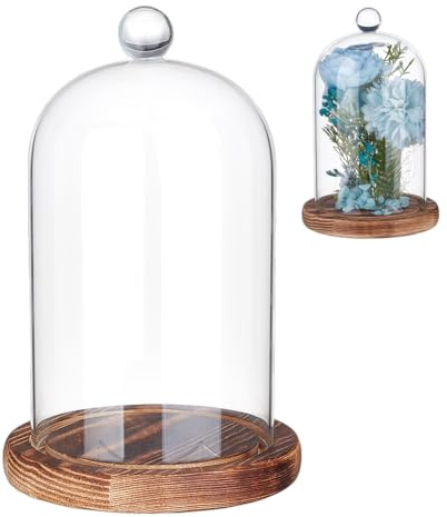 NBEADS Decorative Glass Dome Cover, 125x190mm Display Dome Cloche Bell Jar Clear Glass Display Dome Cover with Wood Base for Centerpieces Plants Rocks Specimens Decorations Crafts