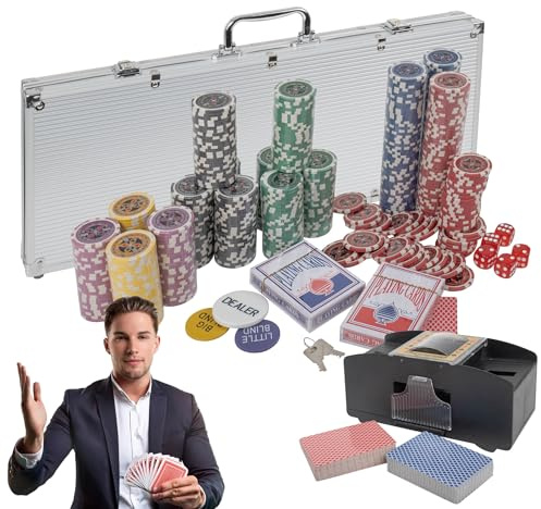 H&F Heimtextilien Pokerkoffer 500 Chips mit Kartenmischer – Profi Poker Set mit 6 Wertstufen, 2 Kartendecks, Würfeln & Dealer-Button im Aluminiumkoffer