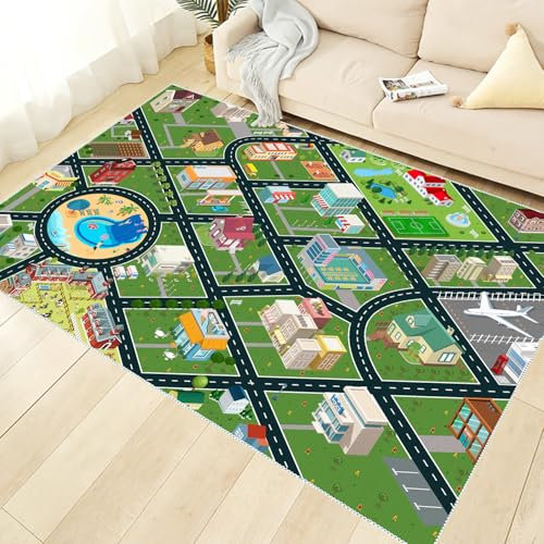 VHCLYBJU Teppich Kinderzimmer,Kinder Spielteppich Straße, Kinderteppich, Spielteppich Straße Jungen & Mädchen, Teppiche für Babyzimmer, Schlafzimmer & Spielzimmer, Autoteppich, Straßenteppich