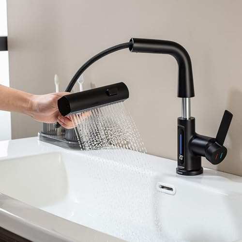 Wasserhahn Bad Schwarz Ausziehbar Waschtischarmatur LED Temperaturanzeige | Waschtischarmaturen Ausziehbar LakeBayMZC Einhebelmischer Badarmatur Waschbeckenarmatur mit 3 Brause für Aufsatzwaschbecken