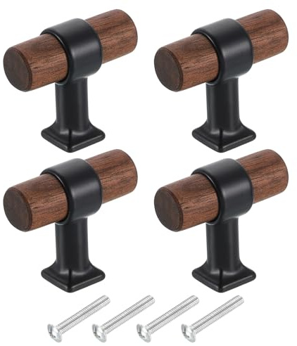 QUARKZMAN 4Pcs Tiradores De Cajones 1.57 x 0.69 Negra Nogal Oscuro | De Madera En Forma De T, Tiradores De Gabinete De Madera, Con Tornillos, Para Cocina Armario Alacena